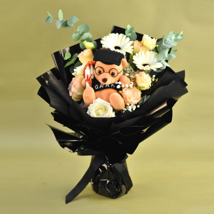 Graduation Teddy & Mixed Flowers Premium Bouquet: Flowers With Plush Toys